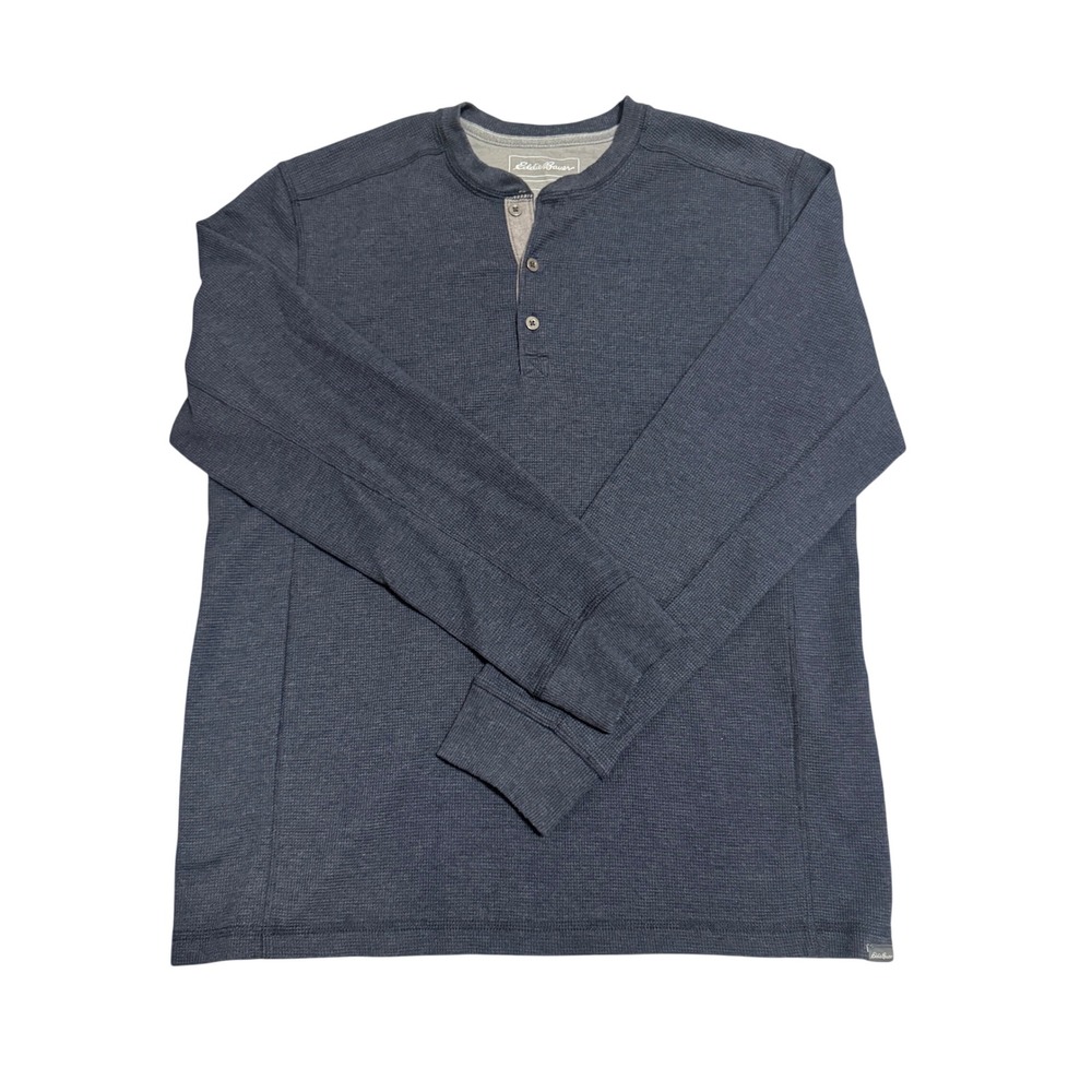 Eddie Bauer Henley Shirt Mens Large Blue Good Waffle Knit Thermal Long Sleeve
